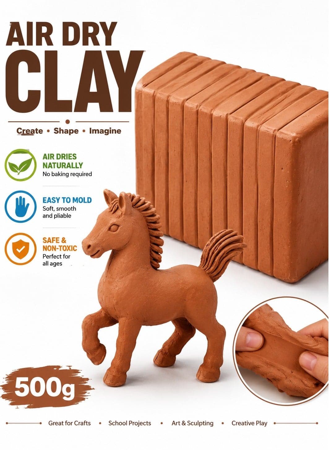 500g Air Dry Modeling Clay for Kids | Natural Self-Hardening Clay | Soft Non-Toxic Sculpting Clay for DIY Crafts, Pottery, School Projects, Art, Modeling, Handmade Decorations & Creative Play (Multi-Colour)