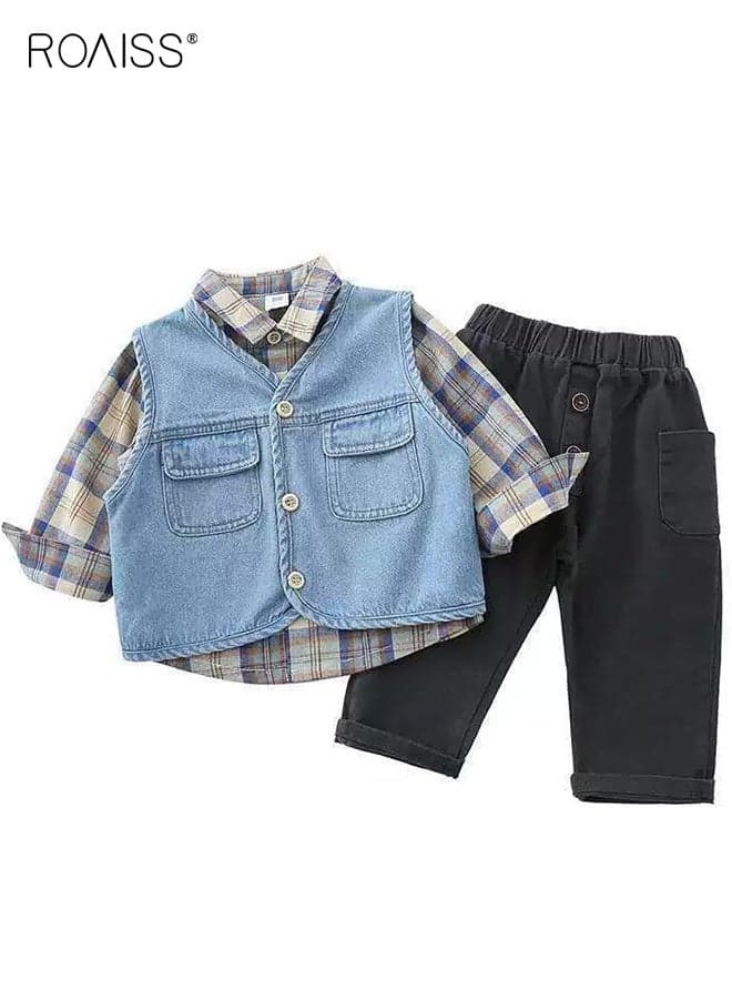 3PCS Boys Fall Spring Outfits, Stylish Shirt, Vest and Pants Set for Toddlers, Long Sleeve Plaid Shirt, Button up Denim Vest and Elastic Waist Pants Set, Suitable for Daily Wear or Any Occasion