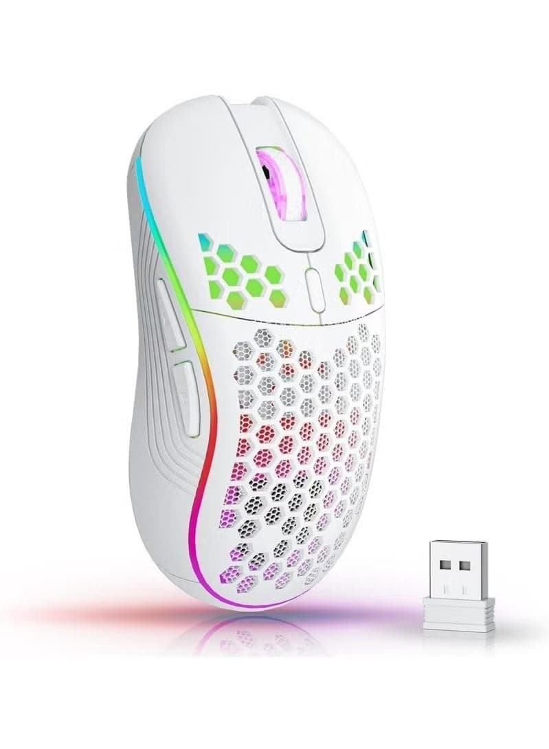 Wireless Mouse Wireless Gaming Mouse, Rechargeable Pc Mouse with RGB Backlight 6 Buttons Adjustable Lightweight Honeycomb Shell for Laptops, PC, Computers, Etc. (Wireless White)