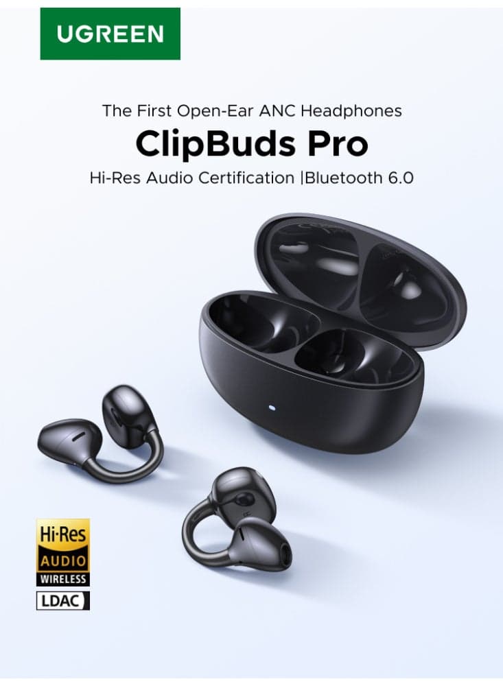 ClipBuds Pro, Adaptive ANC Open-ear Wireless Headphones with 6 Mic AI Clear Call, Hi-Res Sound Deep Bass Earbuds Clip on Earphones Bluetooth 6.0, App&Touch Control, 32H Playtime, iOS&Android S8