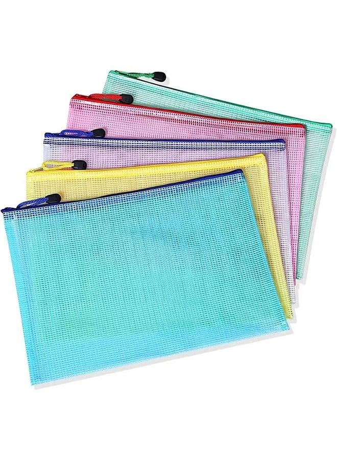 A4 Files Folder 5pcs Zip Lock Mesh Document Files Plastic Wallet Folder for School Office Home Homework Travel Storage