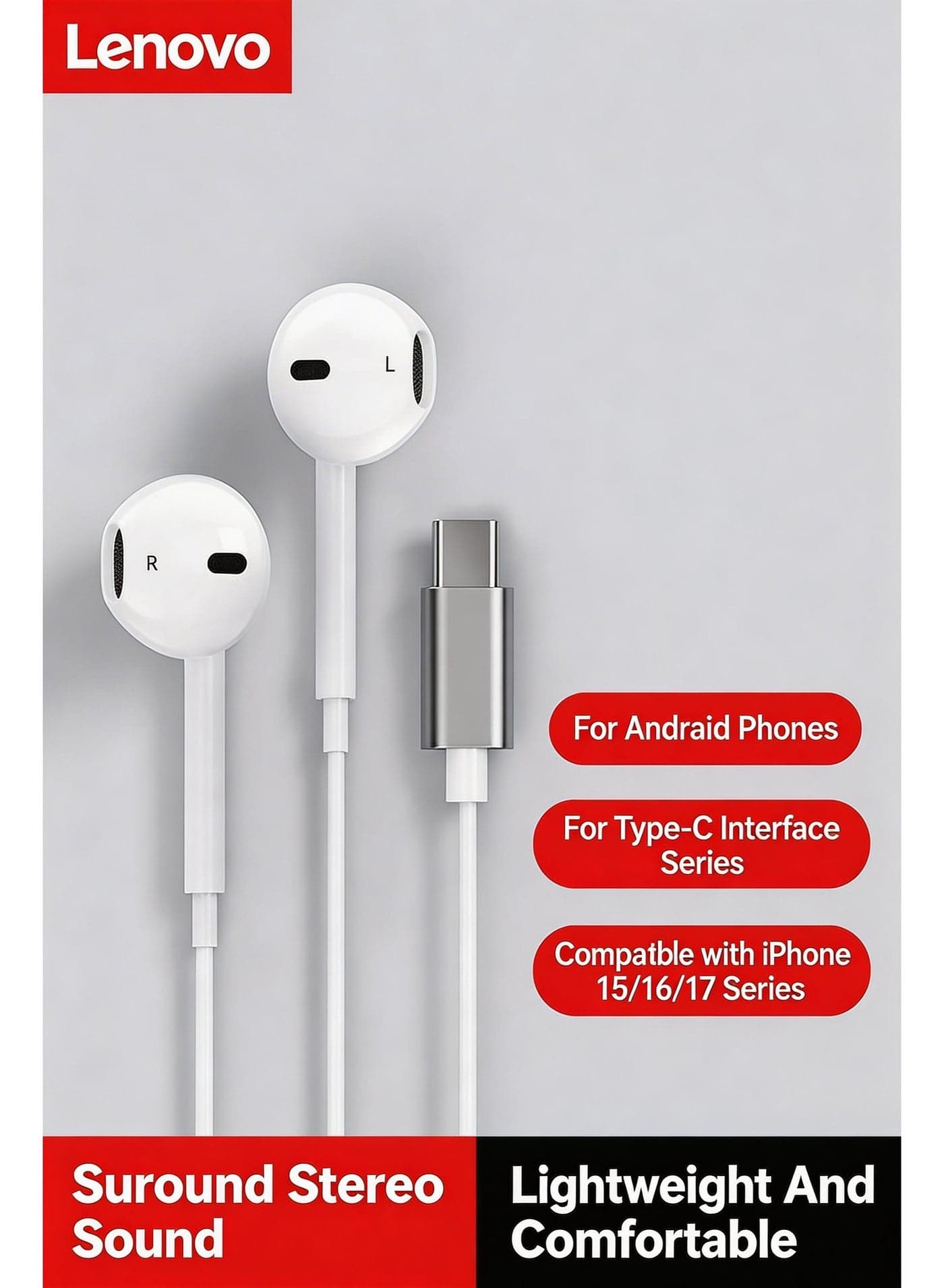 E05 In-Ear Wired Headphones with Type-C Interface | Hi-Fi Stereo Sound | Built-in Mic | Compatible with Android & iPhone 15/16/17 Series - White