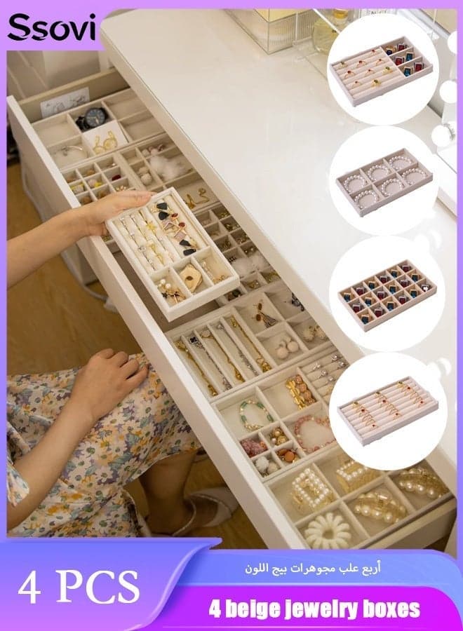 4 Pcs Velvet Stackable Jewelry Organizer Trays, Beige Drawer Storage Display Box Inserts for Earrings, Rings & Necklaces, Premium Vanity Showcase Set for Women