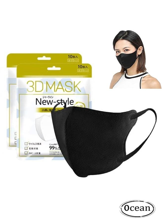 20 PCS 3D Disposable Adult Face Masks, 3-Layer Meltblown Filter Black Masks with Elastic Earloops