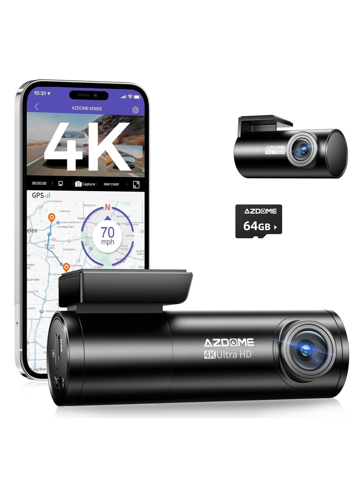 M300S 4K Dash Cam – Front & Rear Car Camera with WiFi, GPS, Voice Control, 170° Wide Angle, Night Vision, G-Sensor, Parking Mode, 64GB SD Card Included