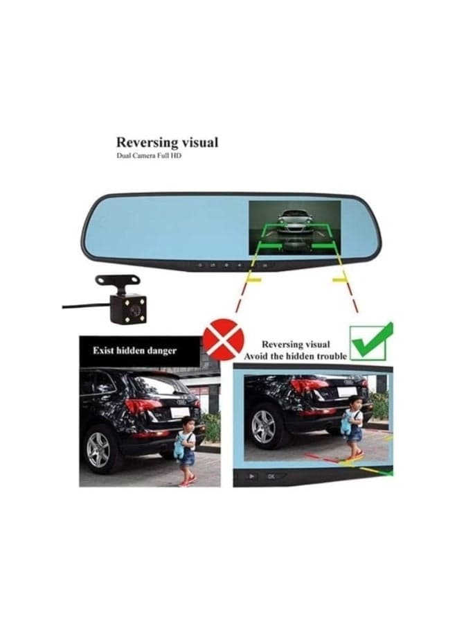 Vehicle Blackbox DVR Full HD 1080P Rearview Mirror Camera | 4.3" LCD Dual Channel Dash Cam | Front & Rear Car Camera Recorder with Loop Recording, G-Sensor, Night Vision