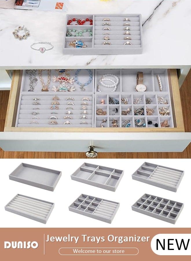 Stackable Jewelry Trays Organizer, Closet Drawer Accessories Tray Set of 6 Drawer Organizer for Earring, Ring, Gadgets & Cosmetics, Display Organizer Necklace Storage Showcase Bracelet Removable Tray