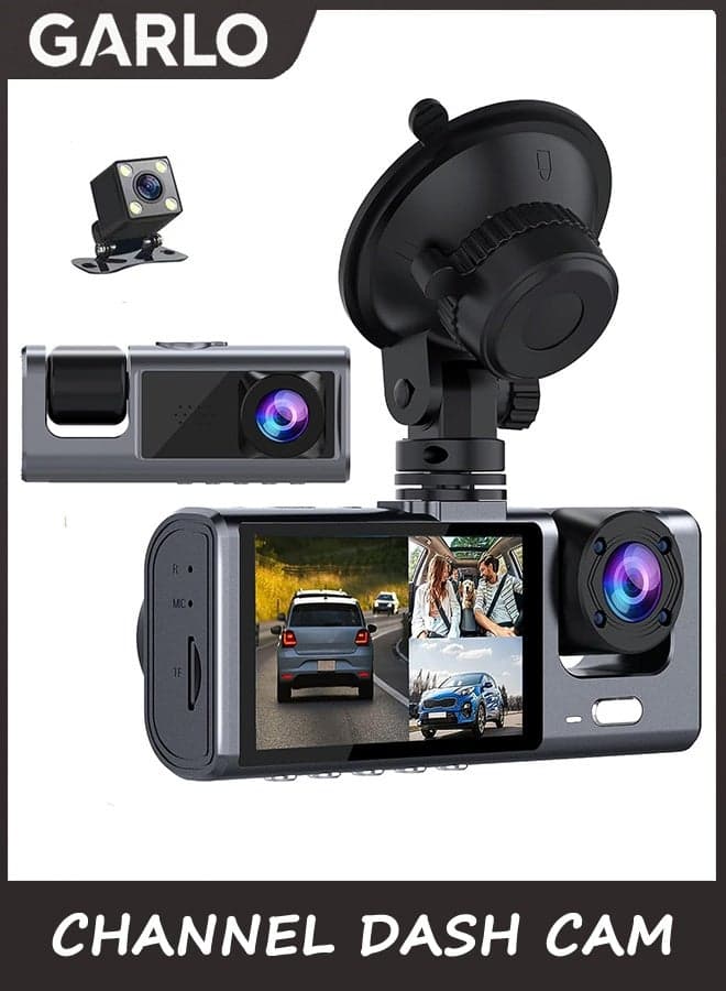 3 Channel Dash Cam Front and Rear Inside, 1080P Dash Camera for Cars, Dashcam Three Way Triple Car Camera with IR Night Vision, Loop Recording, G-Sensor, Parking Monitor, 24 Hours Recording