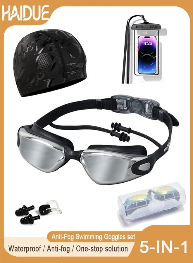 5-in-1 Anti-Fog Swimming Goggles - Goggle Set with Mobile Phone Waterproof Case, Swimming Cap, Earplugs, Nose Clip,Leak-Proof Goggles - Waterproof Swimming Goggles that Can Effectively Block Ultraviolet Rays - Suitable for Men and Momen