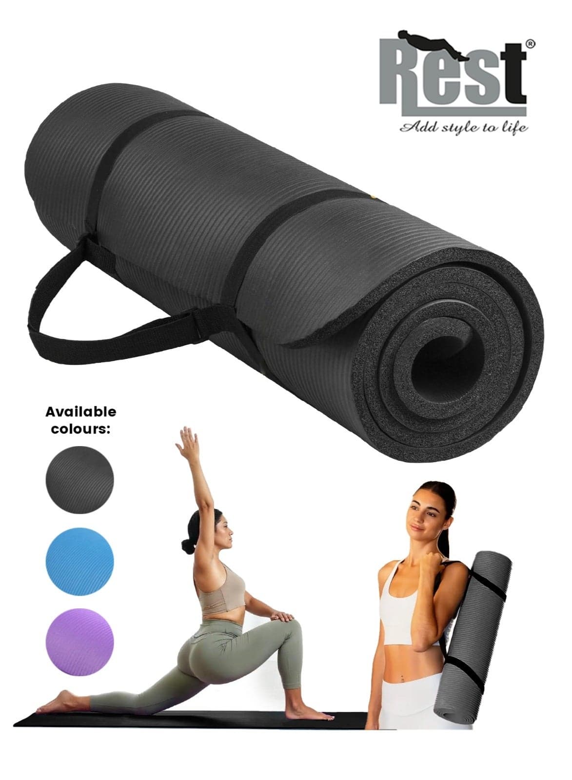 REST Yoga Mat Non Slip, Yoga Mat with Strap Included 10mm Thick Exercise Mat Ideal for HiiT, Pilates, Yoga and Many Other Home Workouts, Black