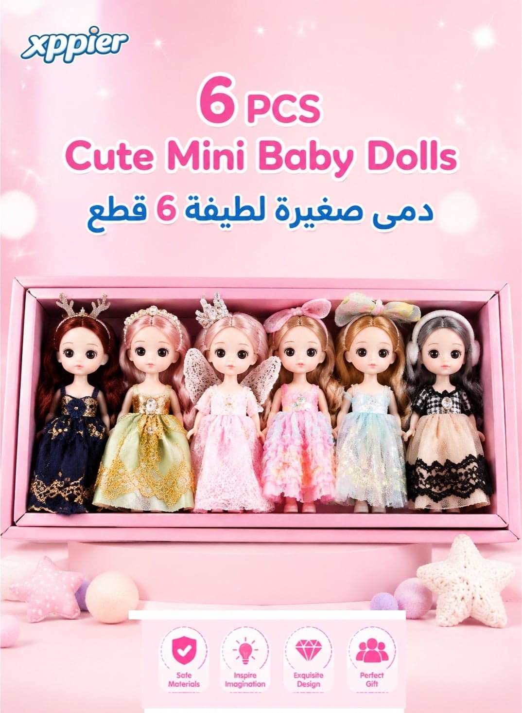 6 Pcs Mini Baby Dolls Set for Girls, Princess Fashion Doll Collection, Cute Toddler Dolls Gift Set with Dresses, Educational Pretend Play Toys for Kids Girls Birthday Gift