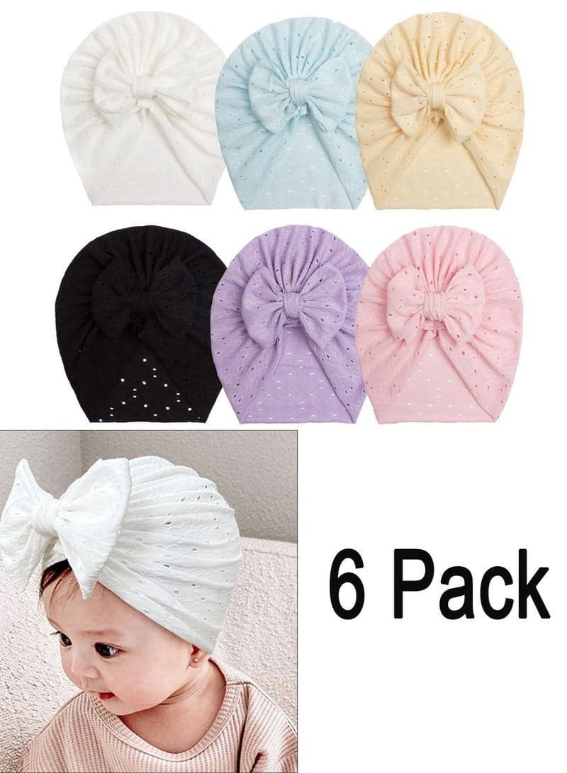 6 Pcs Big Bow Turban Beanie Caps Mesh Newborn Baby Solid Knot Hats Toddler Turban Bow Cap