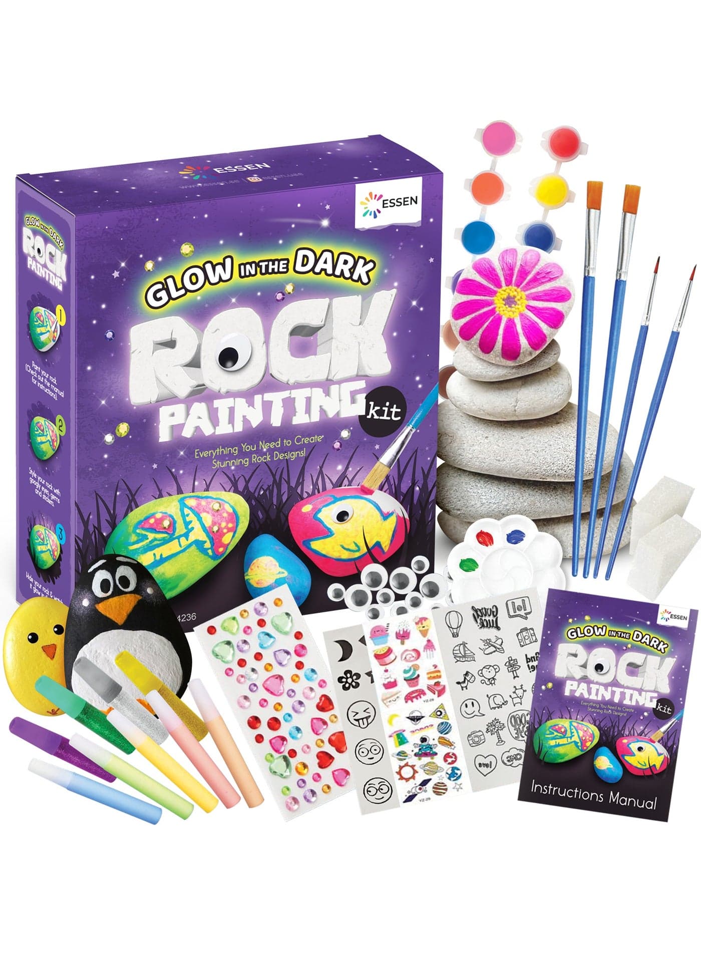 Rock Painting Kit for Kids Glow In The Dark Rock Set DIY Arts Crafts Toys for Kids Birthday Party Gifts Toys Creative Fun Activities Art Kit with 12 Rocks, 6 Metallic, 6 Standard, 5 Glow In The Dark Paints, Stickers, Gems for Ages 4-12 Year Old Kids Teens Boys Girls