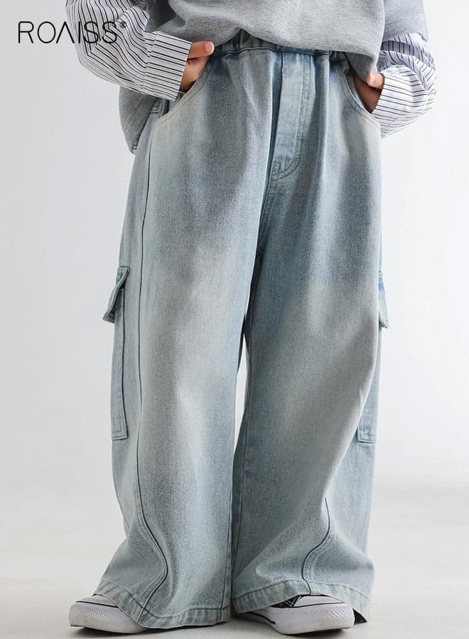 Boys Casual Jeans, Elastic Waist Wide Leg Denim Pants, Baggy Denim Cargo Pants with Pockets, Vintage Stylish Pants for Boys, Suitable for Daily Wear, School, Indoor and Outdoor Activities