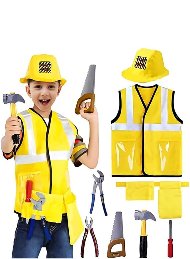 Construction Worker Costume for Kids – Builder Dress-Up Set with Tool Belt, Hard Hat, Safety Vest & Toy Tools