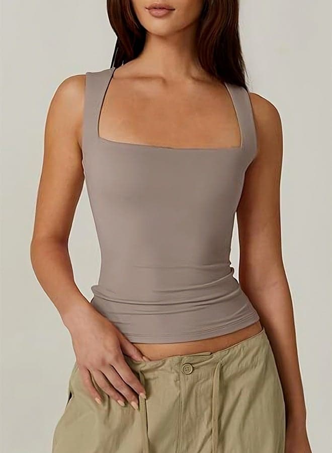 Women's Square Neck Sleeveless Double-Layer Tank Tops Basic Tight T Shirts