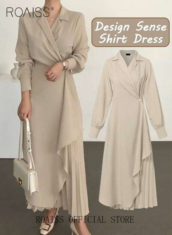 Ladies Solid Color Tunic Dress, Ladies Formal Elegant Asymmetrical Pleated Design High Waiste Dress, Vintage V-Neck Lapel Long Suit Ankle Length Dress for Women, Suitable for Commuting, Casual, Ramadan, Beige