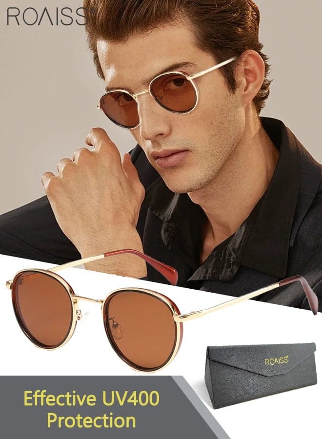 Round Sunglasses for Men Women, UV400 Protection Sun Glasses with Metal Frame, Fashion Anti-Glare Sun Shades for Men Driving, Fishing, Traveling, Gold Brown, 52mm