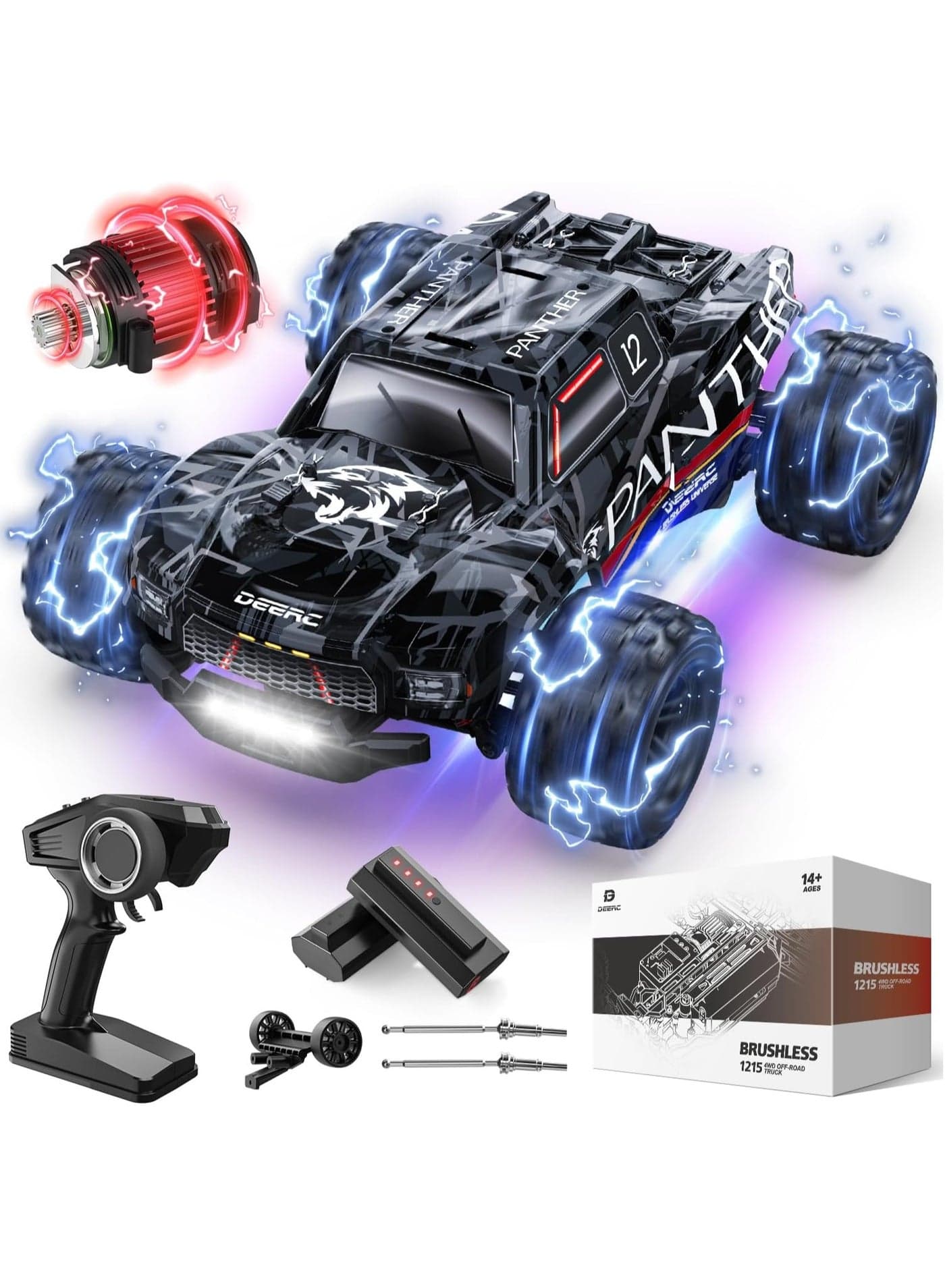 DEERC 1/14 Brushless Fast Extreme 70kph 4X4 Off-Road Truck, 7 Lighting Modes Remote Control with 2 Li-ion Batteries, Electric Large Truggy for Snow Sand