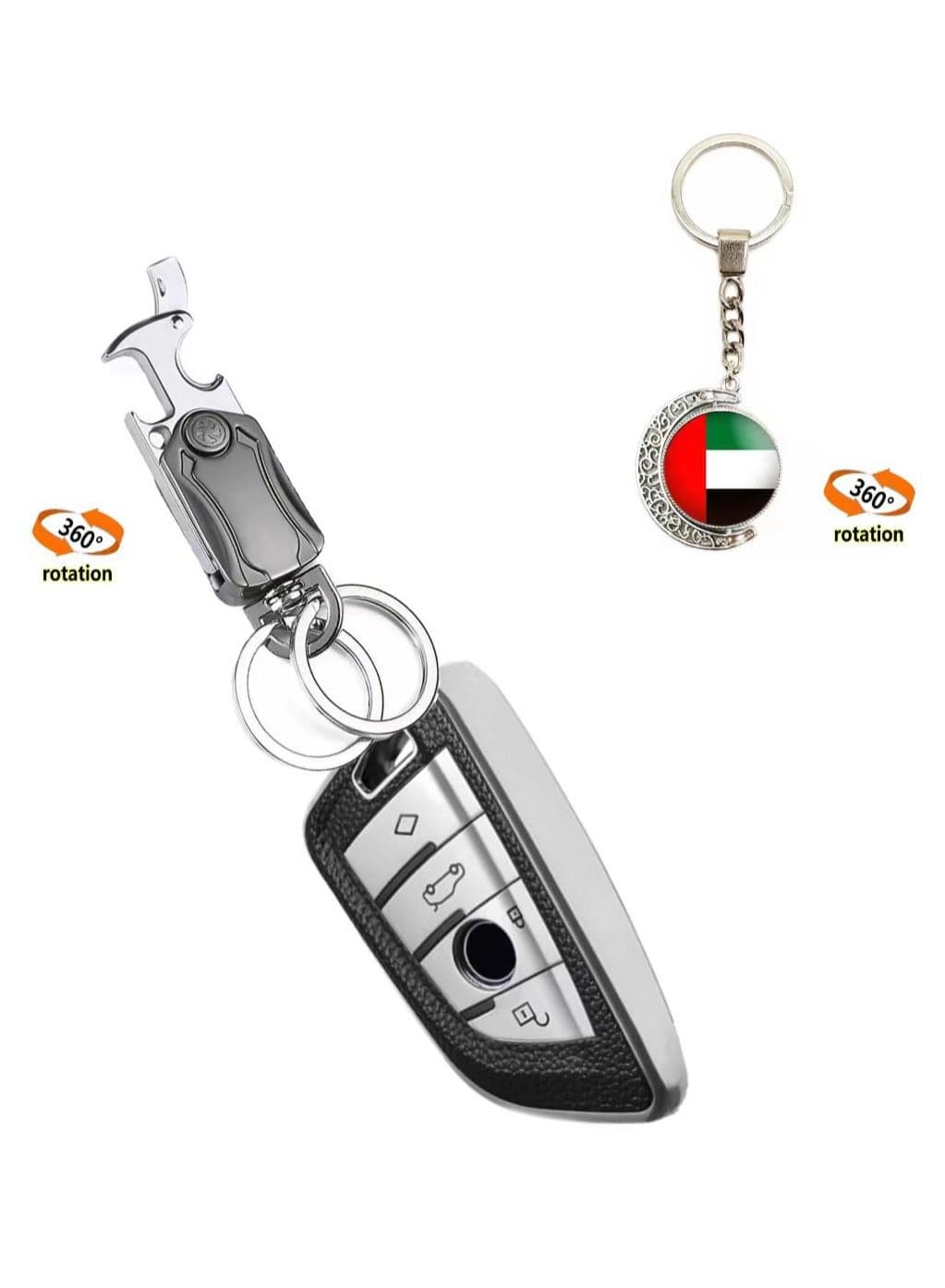 OUYoo For BMW Key Fob Cover with Metal fidget spinner key chain, UAE flag key chain, Upgraded Blade Shape Soft TPU Surface Grain Key Case for New BMW Key Fob Shell (Silver)