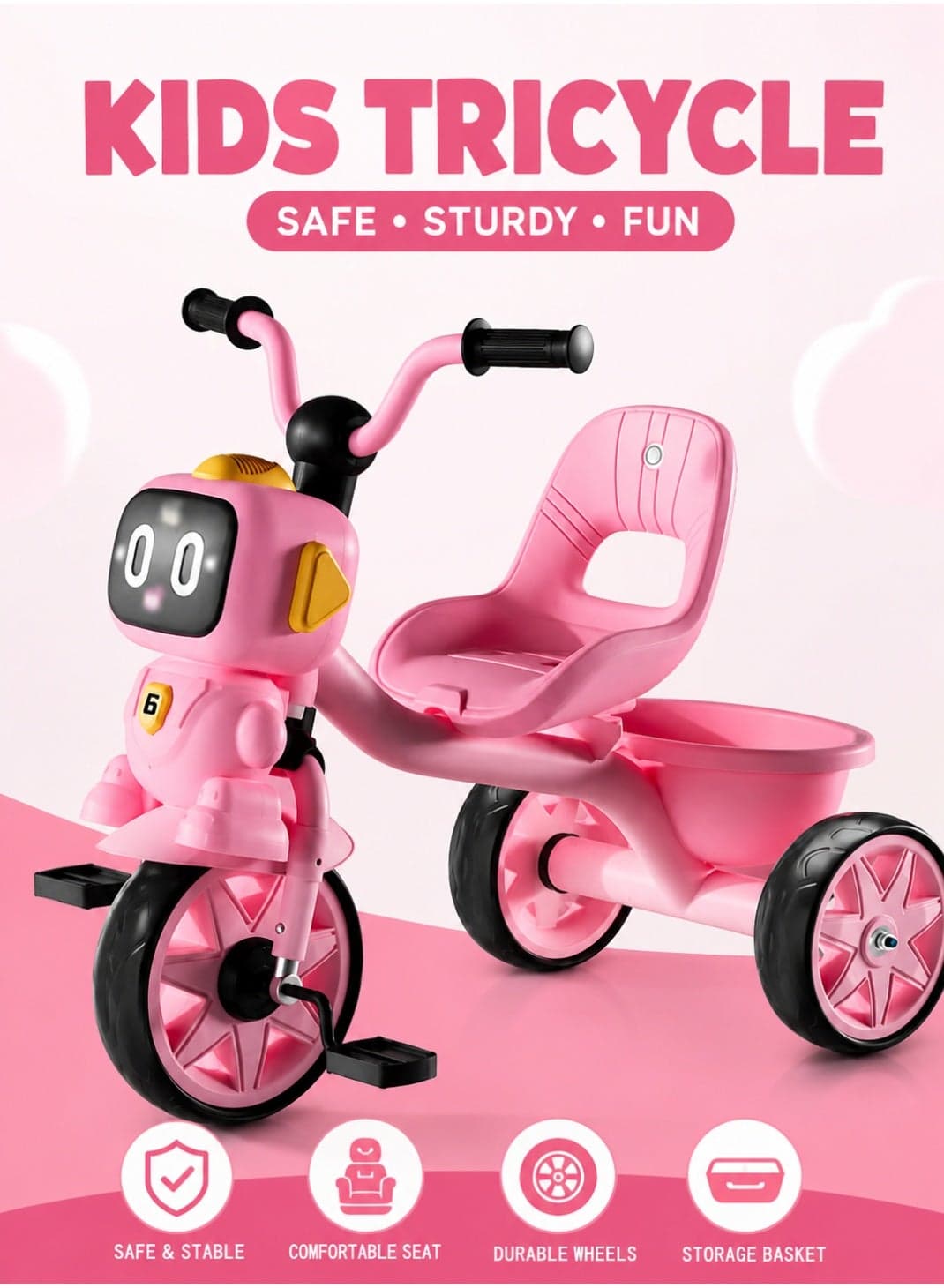 Toddler Toys Tricycle for Kids 3+ Years - Balance Bike with Light & Music, Strong Steel Frame, Kids Tricycle with 3 Wheels & Back Storage Basket - Perfect Ride-On Toy for Boys & Girls Rose Pink