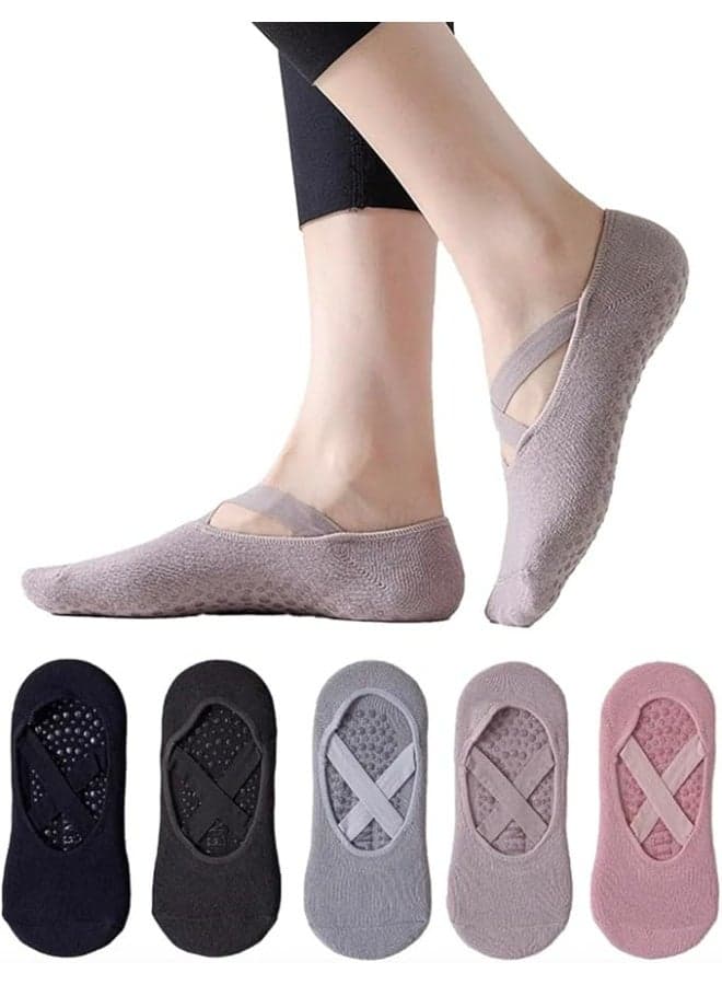 5 pairs of women's yoga socks, Pilates-specific socks, anti-slip socks, slip-resistant design with non-slip grips, suitable for Pilates, barre training, ballet, dance, and barefoot fitness.