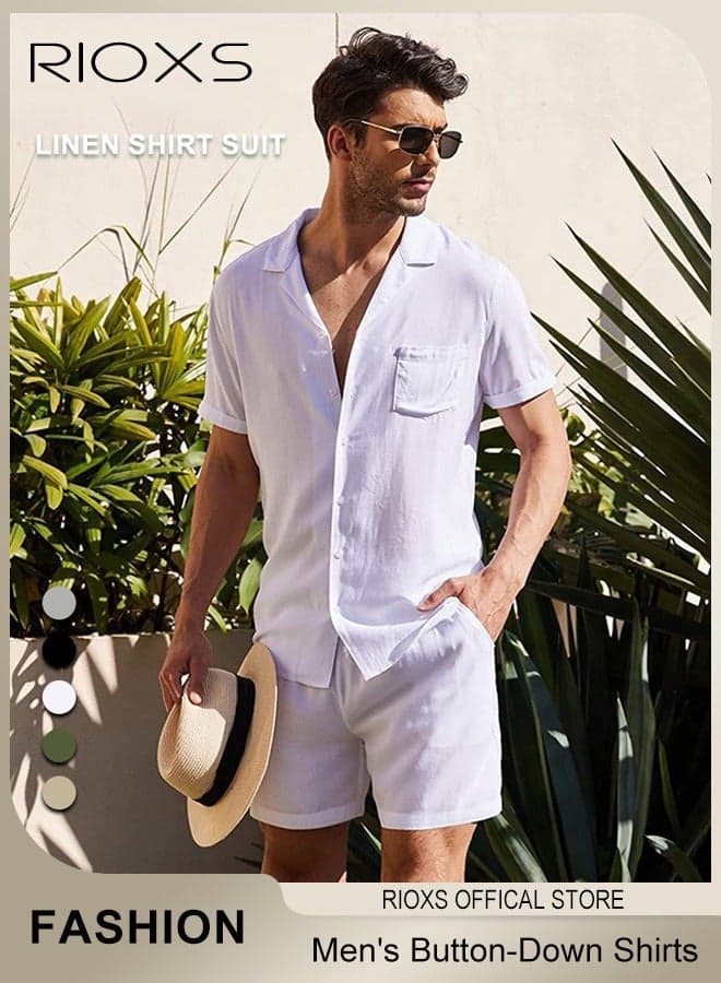 2-Piece Men's Summer Outfits, Loose Fit Button-Down Short Sleeve Shirts with Wide Leg Shorts, Casual 2 Piece Beach Outfits with Pockets, Lightweight Breathable Solid Shirt and Shorts, Crafted from High-quality Cotton Linen Blend, Perfect for Daily Wear, Sports, Party, Fitness, Working or Traveling, White