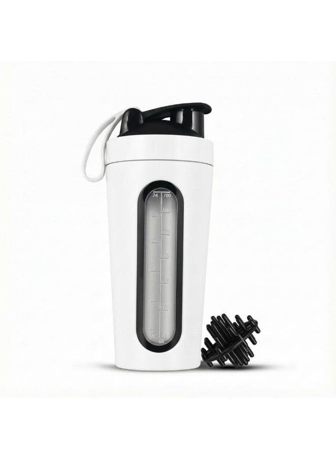 White Stainless Steel Protein Shaker Bottle 700ml – Leak-Proof Gym Shaker with Mixing Ball & Measurement Window – 304 Stainless Steel
