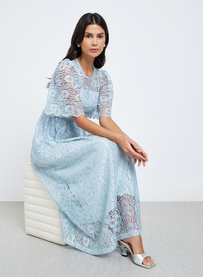Styli All-Lace Short Sleeve A-Line Maxi Dress