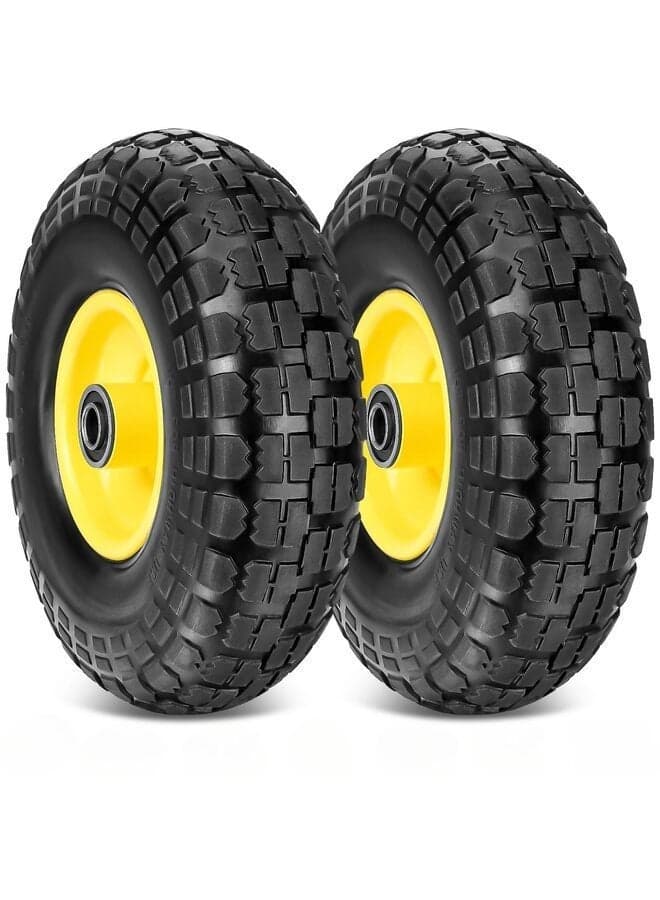 Replacement 2 x 10-inch solid rubber tires and rims, 4.10/3.50-4 inch tires - 5/8 inch bearings, 2.2-inch offset rims
