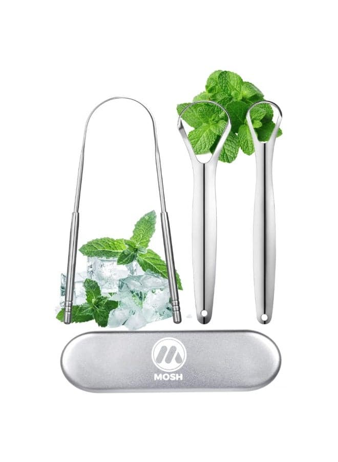Tongue Scraper for Adults - 3 Pack Stainless Steel Oral Care Set with Travel Case – Fresh Breath & Hygiene