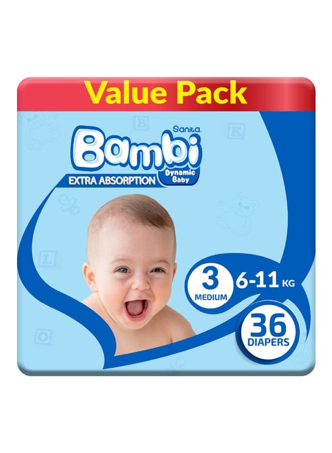 Size 3, Medium, 6-11 Kg, Value Pack, 36 Diapers