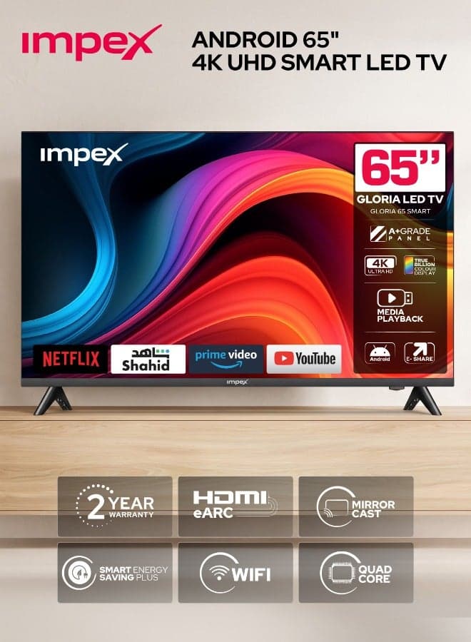 65 Inch 4K UHD Smart LED TV - 3840x2160 Resolution, Latest Android Version, Quad Core, Frameless Slim Television, A+ Panel, Wi-Fi, 3 HDMI, 2 USB, RJ45, E- Share Screen Share, Smart Energy Saving, 2 Year Warranty - Gloria 65 UHD Smart, Black GLORIA 65 UHD SMART Black
