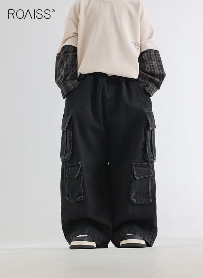 Boys Casual Jeans, Elastic Waist Wide Leg Denim Pants with Pockets, Vintage Stylish Baggy Cargo Pants for Boys, Suitable for Daily Wear, School, Indoor and Outdoor Activities