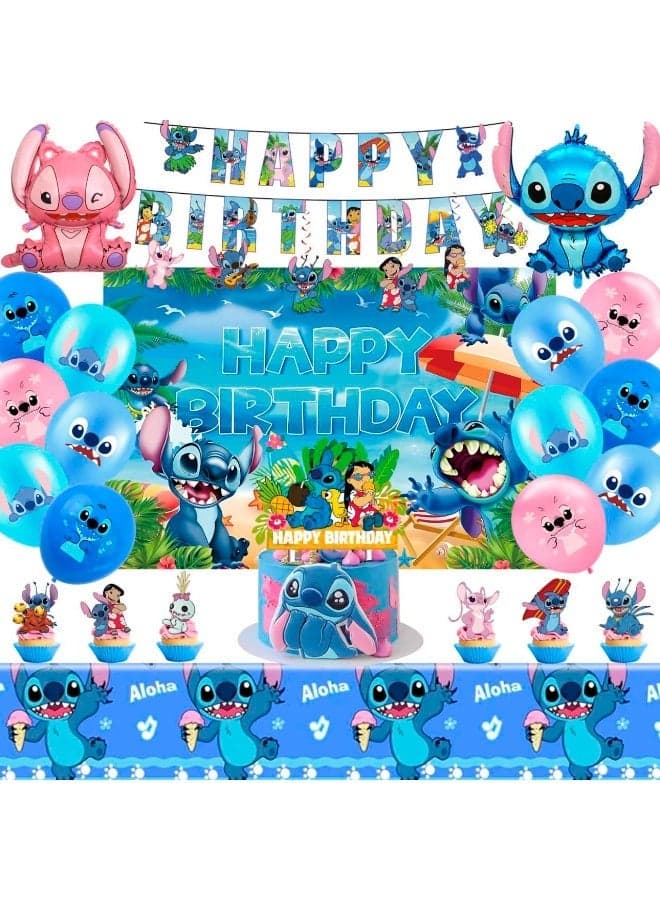 Stitch Birthday Party Decorations Set, Stitch Themed Birthday Banner Backdrop Tablecloth Stitch Balloons Cake Topper