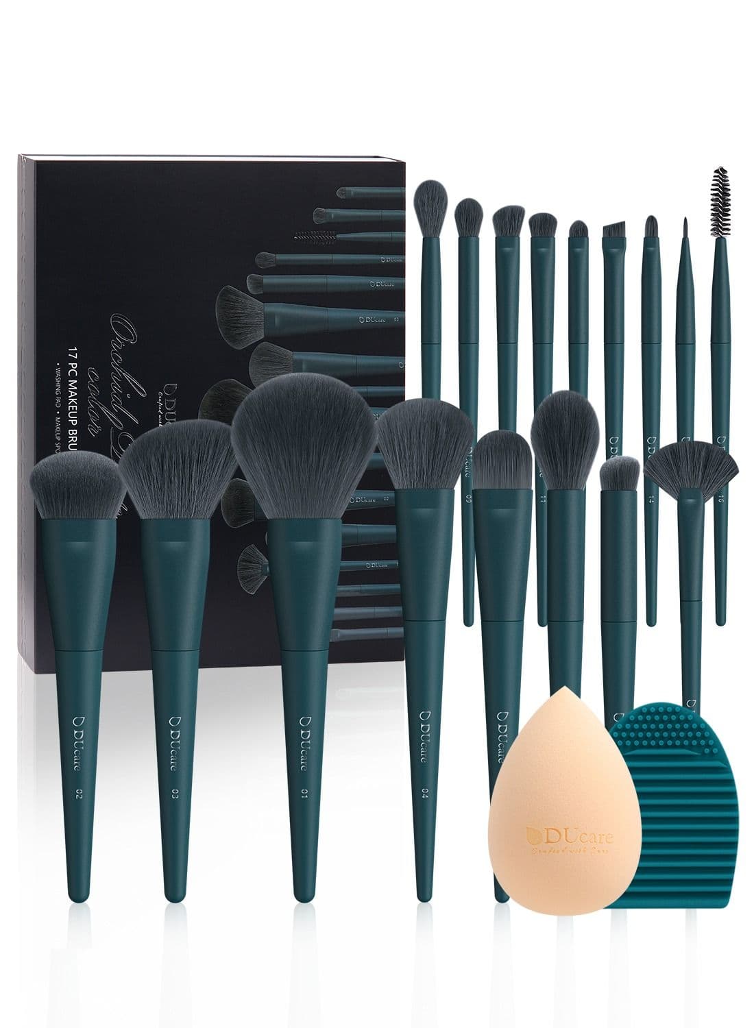 Makeup Brushes Set 17 Pcs with Brush Cleaning Mat and Makeup Sponge Professional Face Powder Eye Shadow Powder Liquid Cream Kit Gift Box