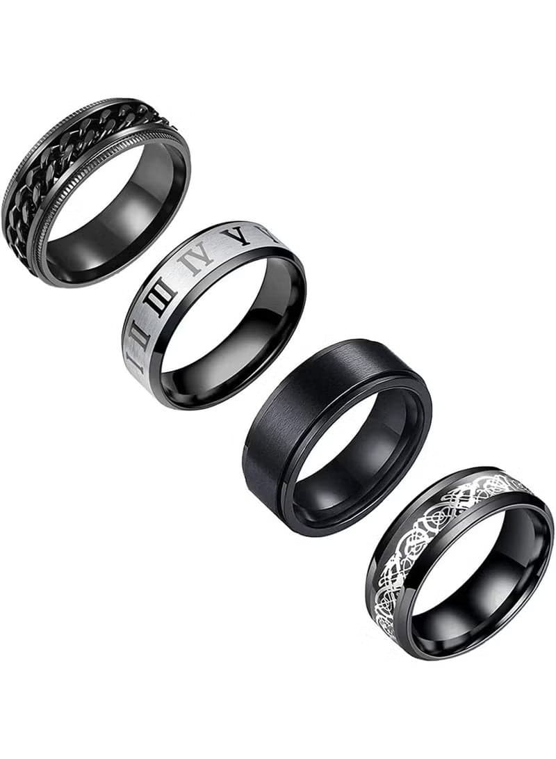 Retro Rings, 4Pcs Plain Band Rings for Men Stainless Steel Rings for Men Wedding Ring Cool Spinner Rings for Men Black Stainless Steel Ring Set Anxiety Ring 8MM Width