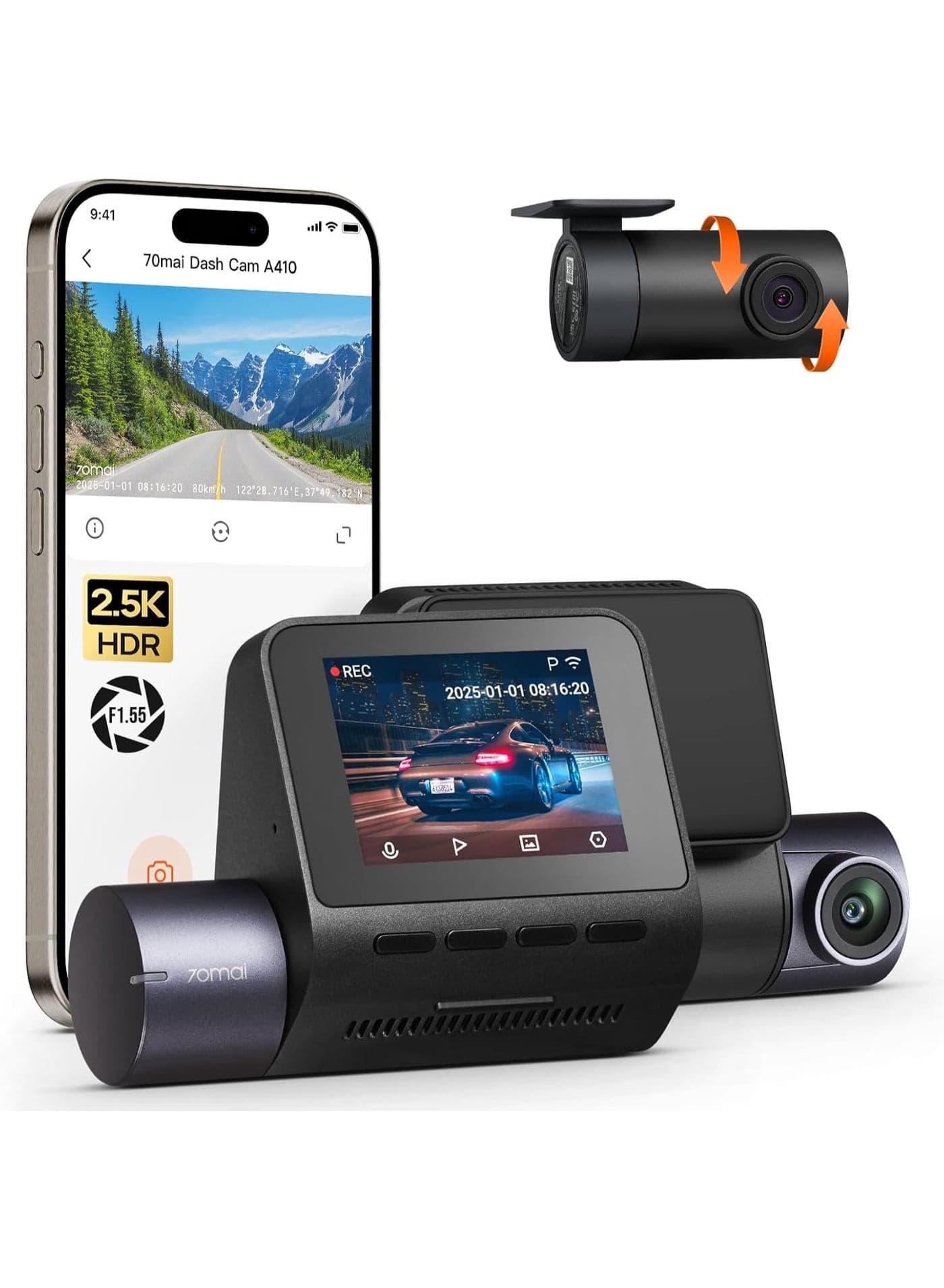 70mai Dash Cam Front and Rear Set- 2.5K+1080P Dual Dash Camera with HDR, Super Night Vision, F1.55 Aperture, 24H Parking Mode, Built-in Wi-Fi & GPS, G-Sensor, Loop Recording