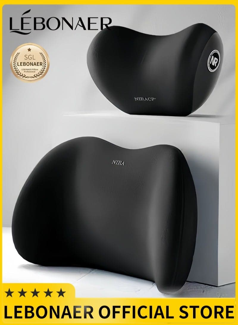 Car Pillow Neck & Back Pillow Set,Neck & Lumbar Support Pillow for Chair,Car Seat,Wheelchair,Gaming,Office Chair,Enhanced Comfort Memory Foam Headrest & Back Cushion(Black)
