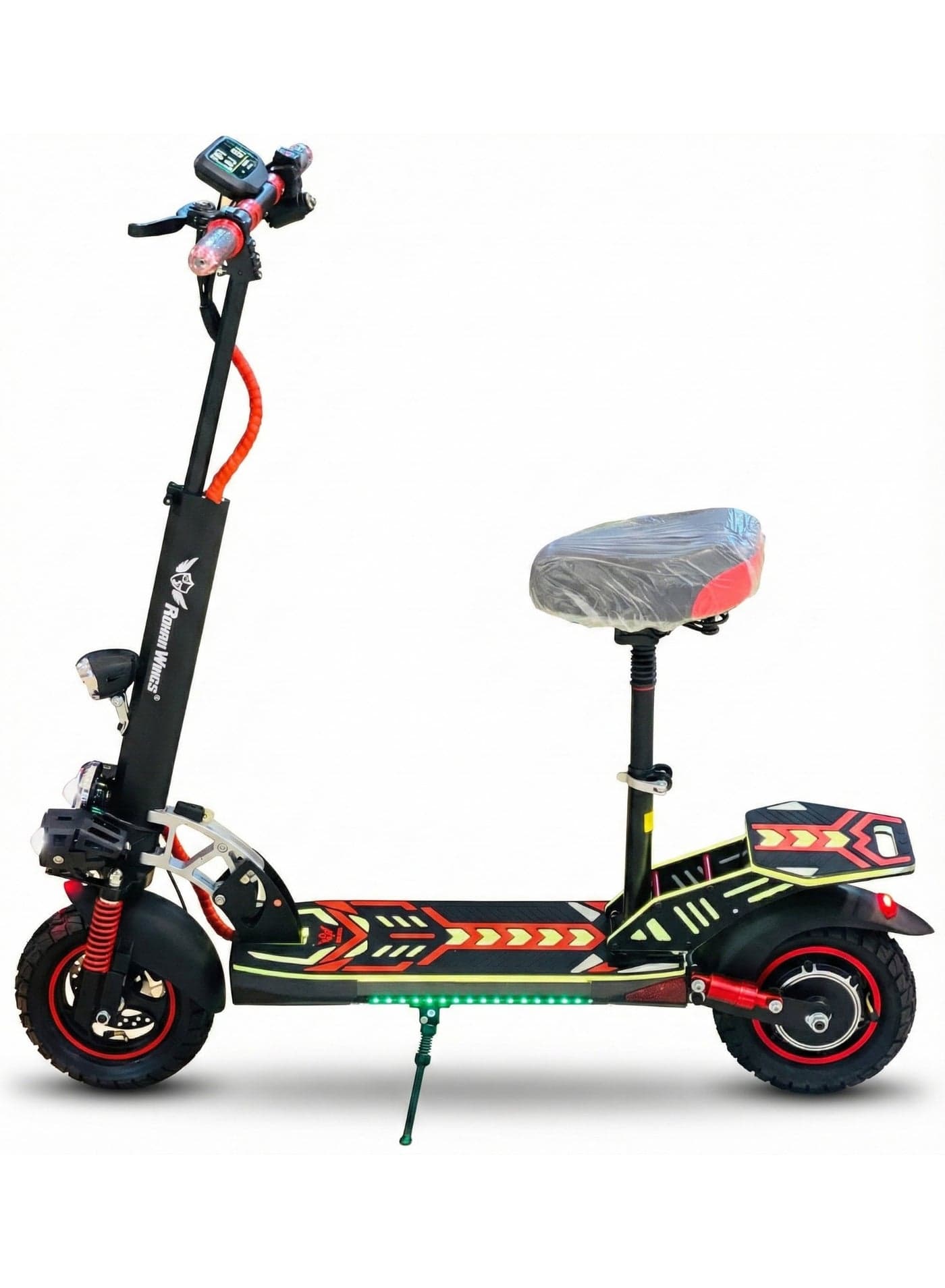E Scooter for Adults Rohan Wings S1(KT6A new version), Powerful Motor, 48V 13AH LT Battery, 35-40km Range, with RGB lights on skate board and Mud guards, Foldable, Display Meter, Bluetooth Speaker, Helmet, Safety Belt, Mobile Holder, Pump, Tool Kit