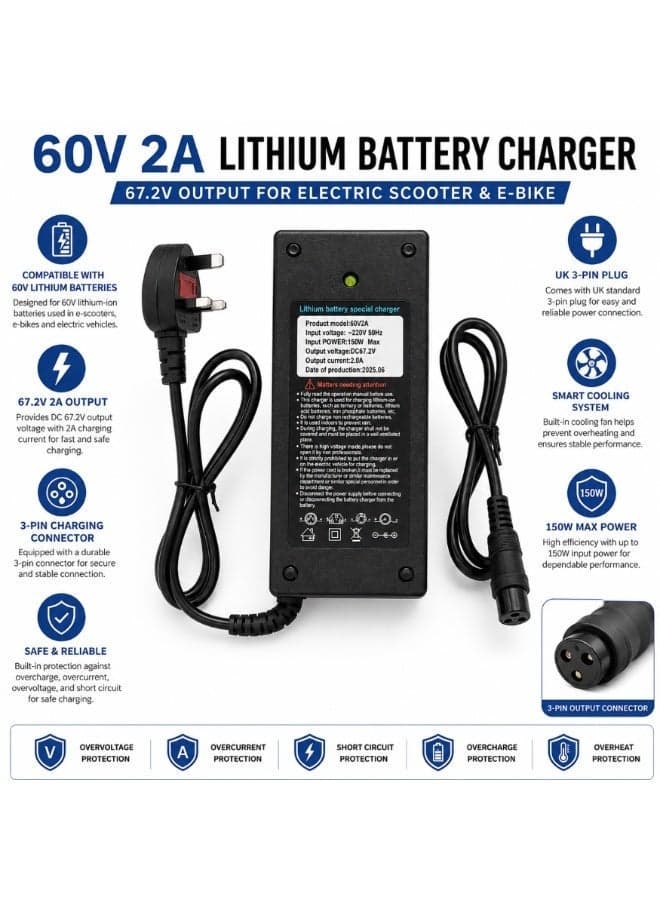 FUKUKAWA® 60V 2A Lithium Battery Charger for Electric Scooter & E-Bike, 67.2V DC Output, 150W Max Power, 220V 50Hz Input, UK 3-Pin Plug, 3-Pin Output Connector, Multi-Protection