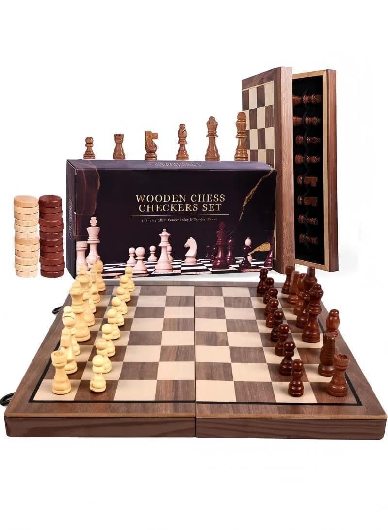 Magnetic Wooden Chess Set, 15" Foldable 2-in-1 Board Game with Checkers, Hand-Carved Pieces & Extra Queens, Portable Travel Gift Box for Kids Adults