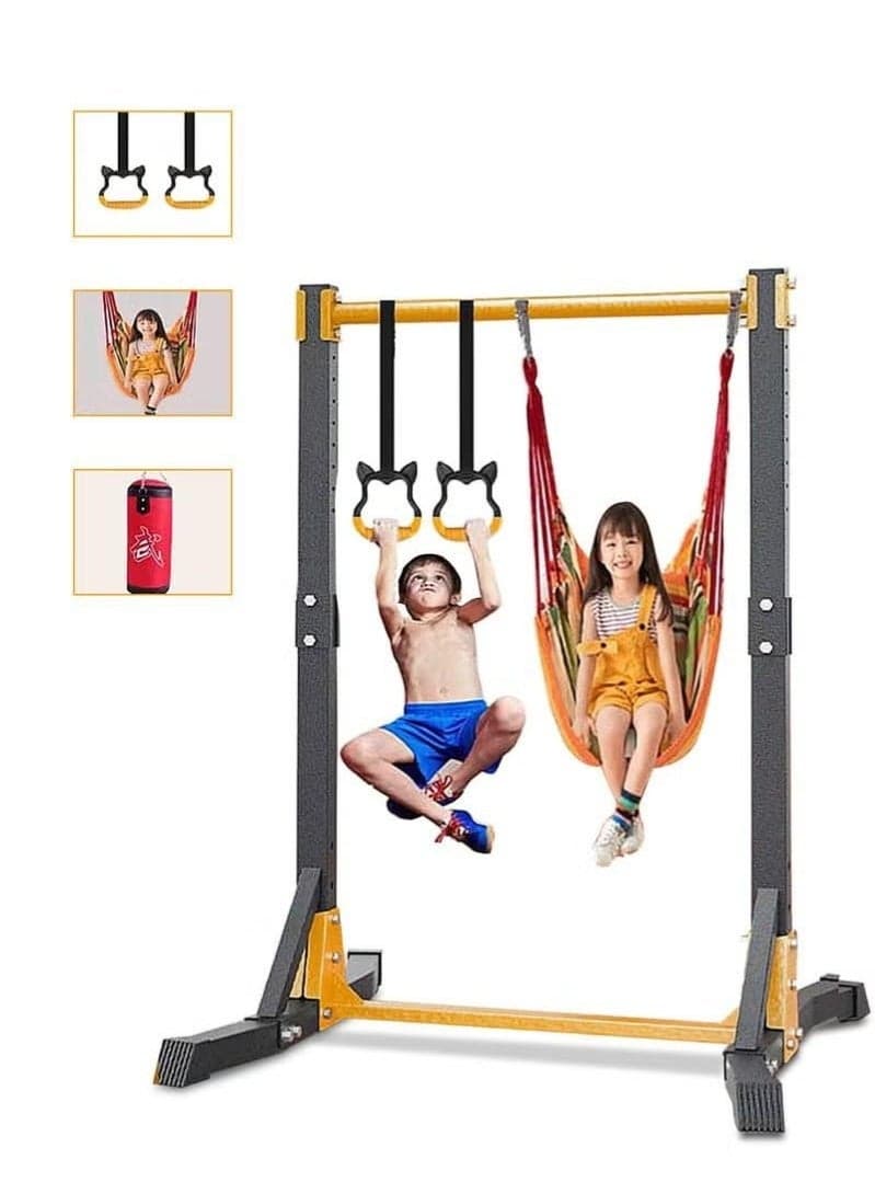 Gymnastics equipment, Adjustable, Junior Children Folding Training equipment for Kids Home Gym Equipment with Rings, Swings and Sandbags