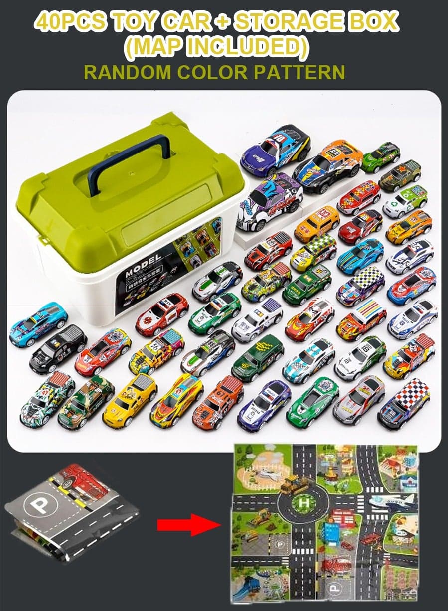 40 Toy Car Party Gift Pull Back Racing Toy Mini Kids Toy Boy Girl Toddler Party Goodie Bag for kids 3-13 years old Boy Girl Gift with map and storage box (toy car style random)