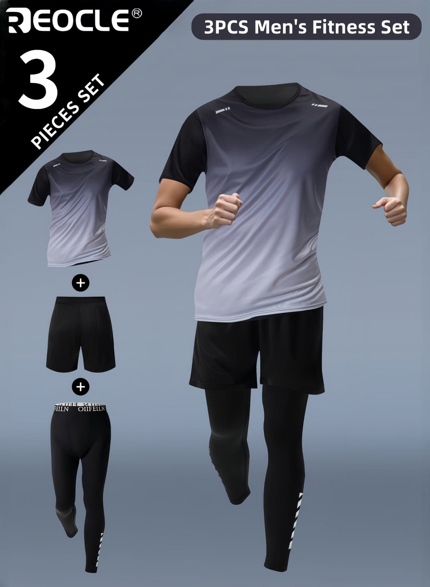 3PCS Men's Fitness Set Athletic Shorts Short Sleeve Shirt and Base Layer Pants Polyester Blend Summer Sportswear for Running and Training Workout Apparel Gym Clothes for Men