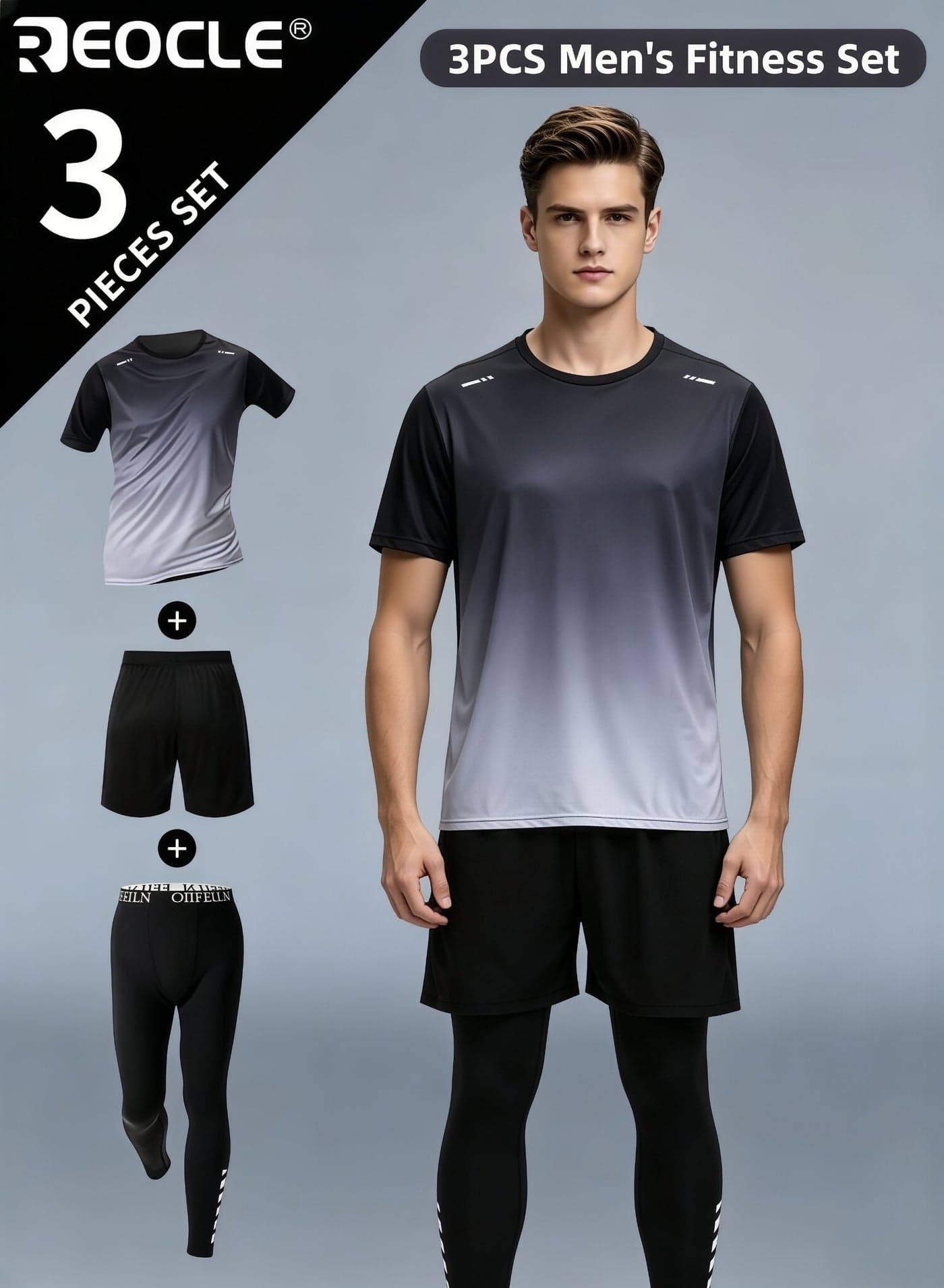 3PCS Men's Fitness Set Athletic Shorts Short Sleeve Shirt and Base Layer Pants Polyester Blend Summer Sportswear for Running and Training Workout Apparel Gym Clothes for Men