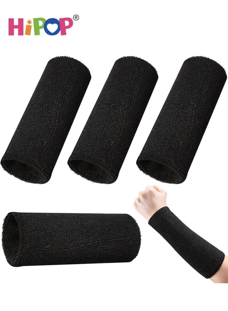 4 Pcs 6 Inch Wrist Sweatbands Tennis Wristbands Gymnastics Wristbands for Grips Sport, Cotton Elastic Wrist Sweatbands Thick Wrist Bands for Working Out Tennis Football Running Women Men Black