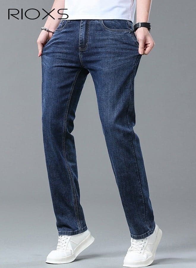 Men's Jeans, Straight Leg Denim Pants with Pockets, Casual Skinny Jeans for Men, Classic Light Wash Vintage Slim Fit Denim Trousers, Trendy Stretch Jeans Suitable for Work Or Daily Wear, Blue