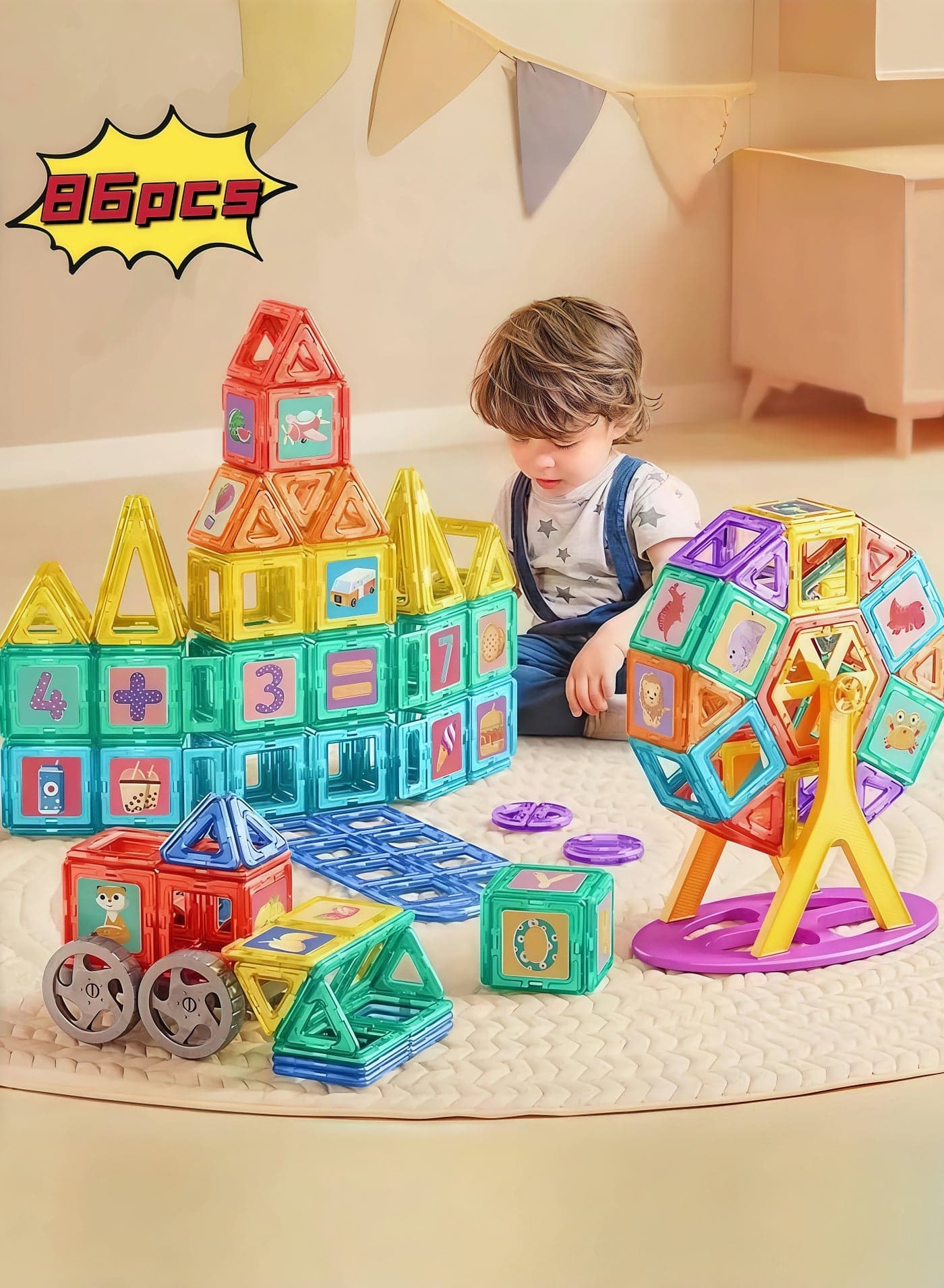 86-Piece Magnetic Tiles STEM Toys, Building Toys & Stacking Blocks for Kids Ages 3+, Educational Construction Set with Strong Magnets for Creative Learning