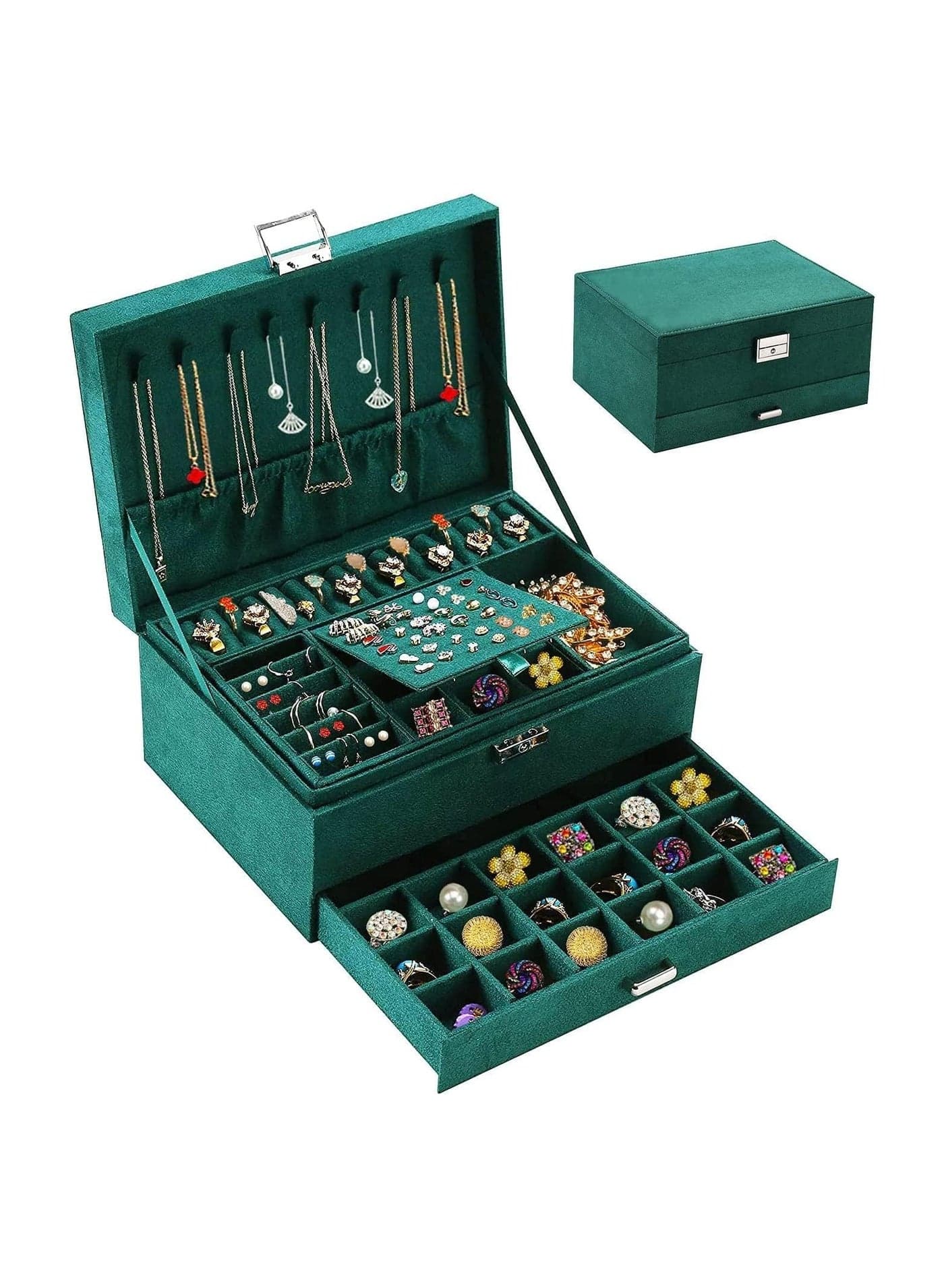 Jewelry Box Organizer for Women Girls,3-Layer Jewelry Organizer with Lock and Drawer,Portable Jewellery Holder Removable Grids Tray Storage Case for Earring Rings Necklaces Bracelets Sunglasses